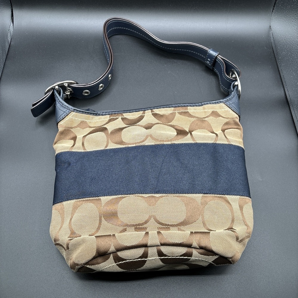 Coach Leather Rugby Duffle Bucket Handbag Canvas Tote Bag Navy Blue F13362